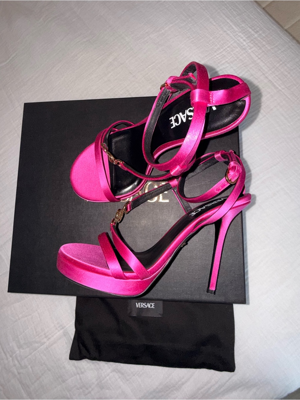 Versace Hot Pink Satin Platform Stiletto Sandals - Picture 6 of 7